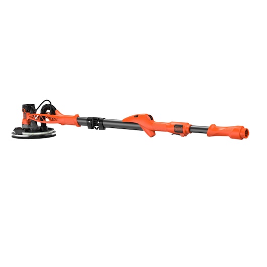 An orange and black extendable drywall sander with a circular sanding head, designed for easy reach and efficient surface preparation.