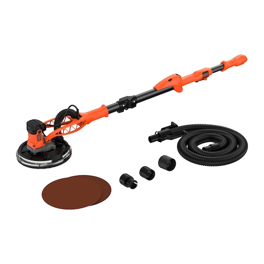 BLACKDECKER drywall sander with accessories including hose, connectors, and sanding discs displayed.