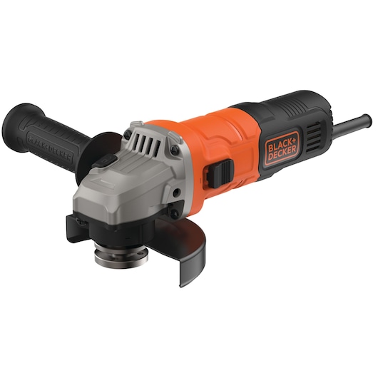 A BLACK+DECKER angle grinder with an orange and black casing, featuring a side handle and a protective guard around the grinding wheel.