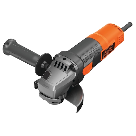 A BLACK+DECKER electric angle grinder with a black and orange body, featuring a side handle and a protective guard around the grinding disc.
