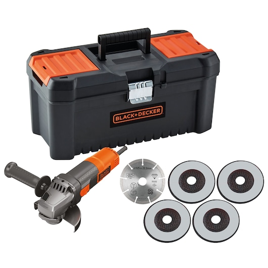 BLACK+DECKER angle grinder kit including a black and orange toolbox, an electric angle grinder with handle, one silver cutting disc, and four grinding discs.
