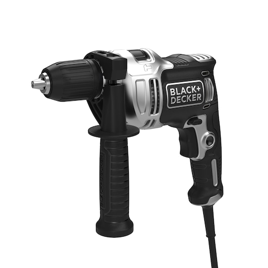 A corded BLACK+DECKER electric drill with a side handle attachment, black and silver in color, shown on a white background.
