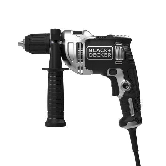 A BLACK+DECKER corded electric hammer drill with a side handle, shown against a white background.