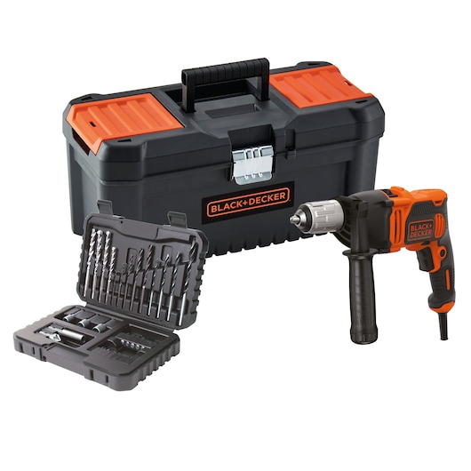BLACK+DECKER drill set including a black and orange toolbox, a corded drill, and an open case containing various drill bits and accessories.