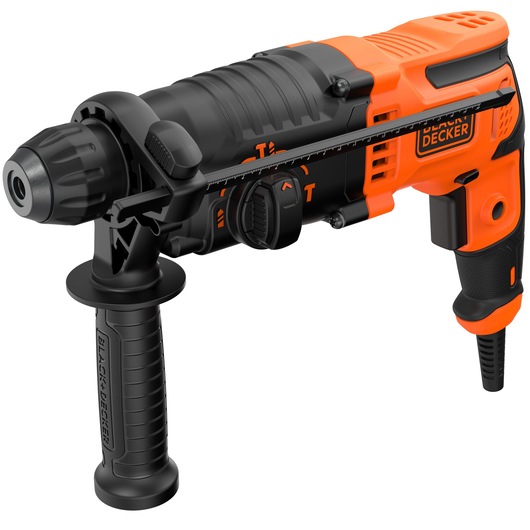 A BLACK+DECKER electric hammer drill with an ergonomic handle, depth gauge, and orange and black casing.