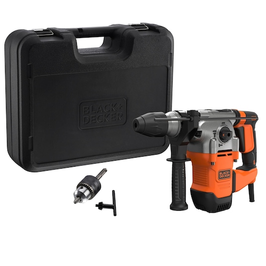 BLACKDECKER BEHS03K rotary hammer drill and keyless chuck set with black carrying case, front angle on white background.