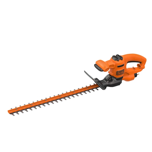 Electric orange and black hedge trimmer with a long blade, shown against a white background.