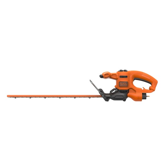 An orange and black BLACK+DECKER electric hedge trimmer with a long blade, shown from the side on a white background.