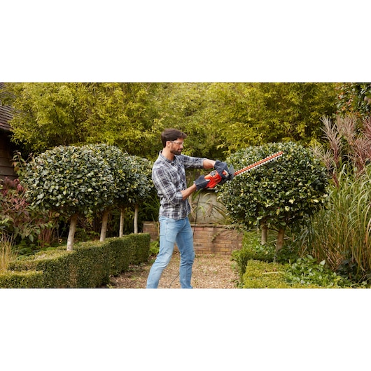 BLACKDECKER BEHT251 hedge trimmer held by person trimming bushes in a garden.
