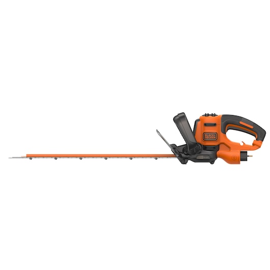 BLACKDECKER BEHTS401 hedge trimmer, orange and black, side view, long blade, ergonomic handle.