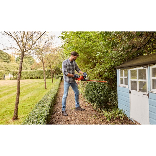 BLACKDECKER BEHTS451 hedge trimmer in use for garden shrub trimming near a blue shed.