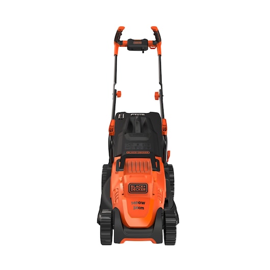 BLACKDECKER BEMW461BH lawn mower, orange and black, front angle, visible handle and wheels.