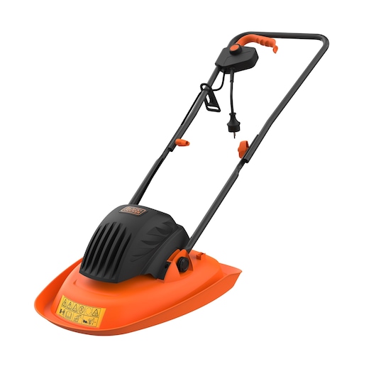 BLACKDECKER BEMWH551 orange and black hover lawn mower side angle, corded electric, ergonomic handle.