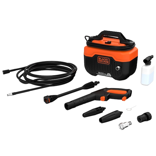 Photo of BLACK+DECKER BEPW1300H portable pressure washer kit with orange and black main unit, hose, spray gun, nozzles, and detergent bottle, front angle on white background.