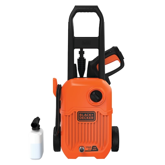 BLACK+DECKER BEPW1750 orange pressure washer with spray gun and detergent bottle, front view on white background.