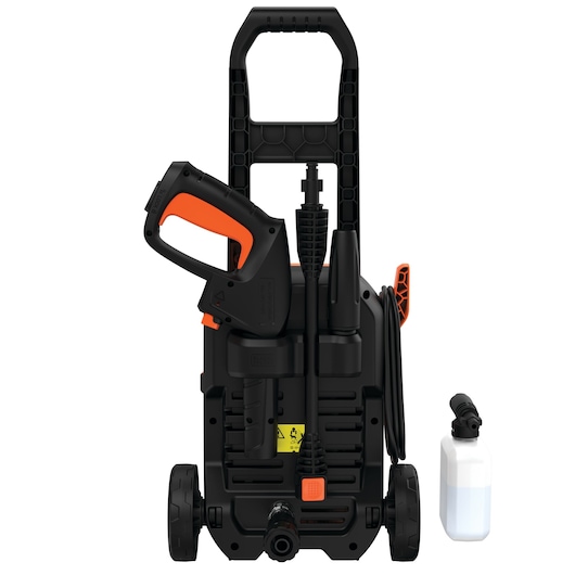 BLACKDECKER BEPW1750 pressure washer with black and orange handle, front view, with detergent bottle accessory.