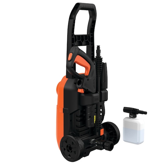 BLACKDECKER BEPW1750 electric pressure washer, black and orange, upright angle, with detergent bottle accessory.