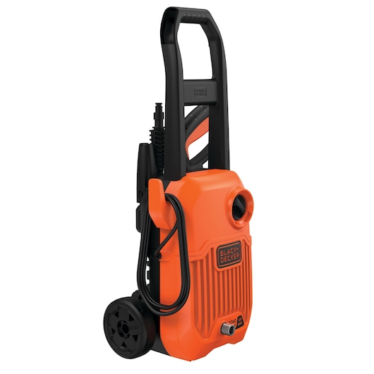 BLACK+DECKER BEPW1750 orange electric pressure washer with black handle and wheels, angled view on white.