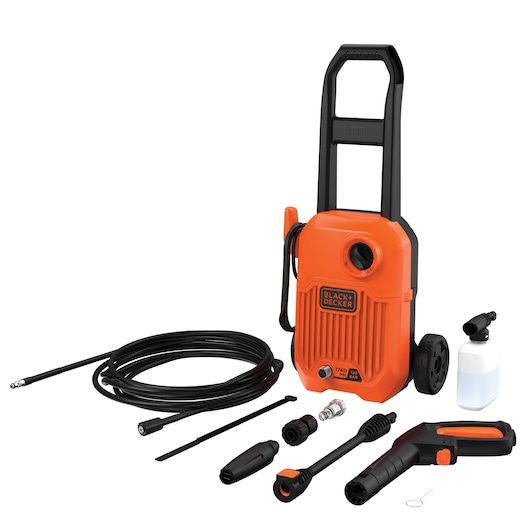 Photo of BLACK+DECKER BEPW1750 electric pressure washer with orange and black body, hose, spray gun, and accessories, front angle.