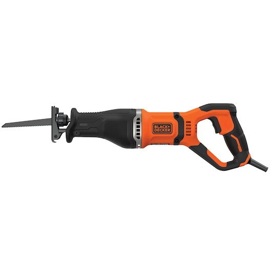 A BLACK+DECKER branded reciprocating saw with a black and orange handle and a visible saw blade.