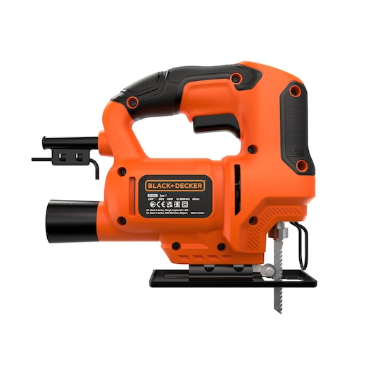 A BLACK+DECKER electric jigsaw power tool, model BES602, featuring an orange and black ergonomic body with a visible blade and dust extraction port.