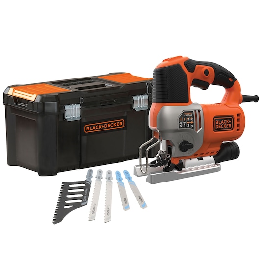 KIT: Sierra de Calar 650W pendular con 5 hojas de sierra, adaptador aspirador, caja herramientas 19"