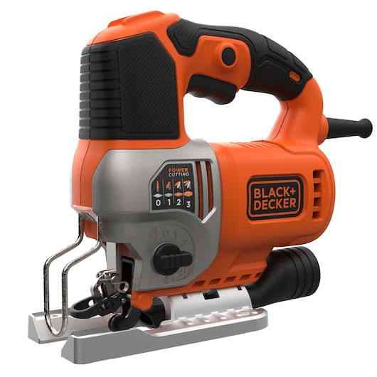 A BLACK+DECKER electric jigsaw with an orange and black design, featuring a power cutting control panel and a sturdy metal base.