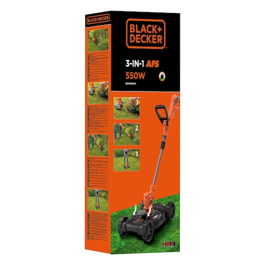 BLACK+DECKER 3-in-1 AFS 550W lawn mower, trimmer, and edger box with product image and usage illustrations, BESTA530CM.