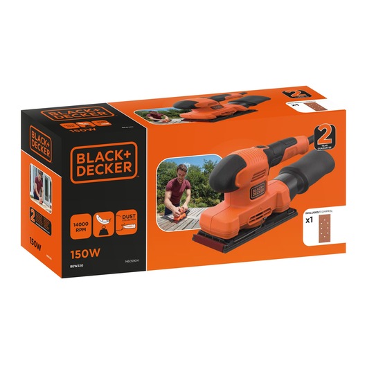 Photo of BLACK+DECKER BEW220 orange and black sander, 150W, dust collector, box packaging front angle.