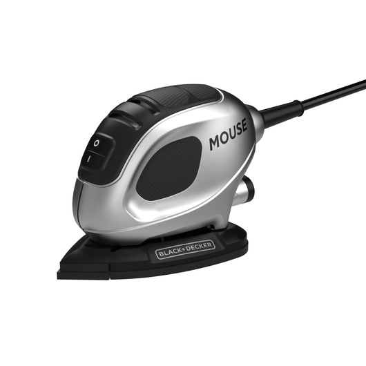 A silver and black BLACK+DECKER Mouse detail sander with a cord attached, featuring ergonomic grips and a pointed sanding base.