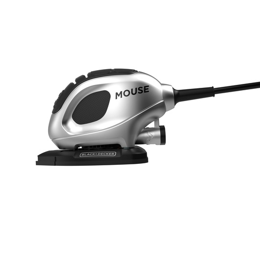 A BLACK+DECKER Mouse electric sander, shown in profile view with a silver and black design and a power cord attached.