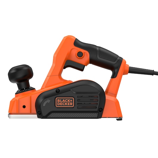 BLACKDECKER BEW712 electric hand planer, side view, orange and black, photographed on white background.