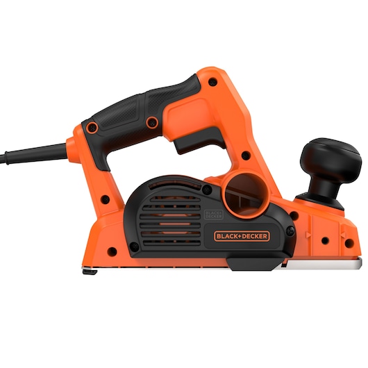 BLACKDECKER BEW712 orange and black electric hand planer, side angle on white background.