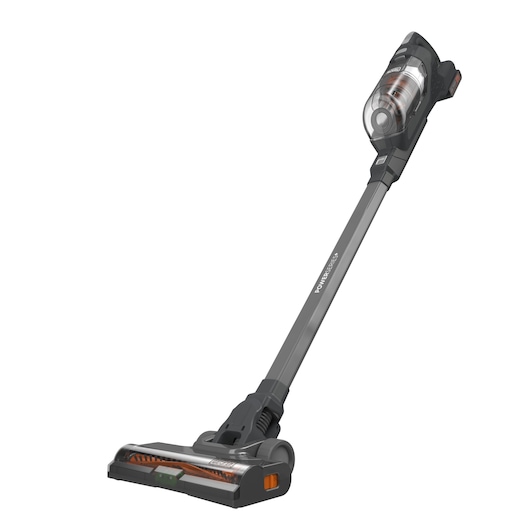 A BLACK+DECKER cordless stick vacuum cleaner with a transparent dust container and a long, slim design, shown on a white background.