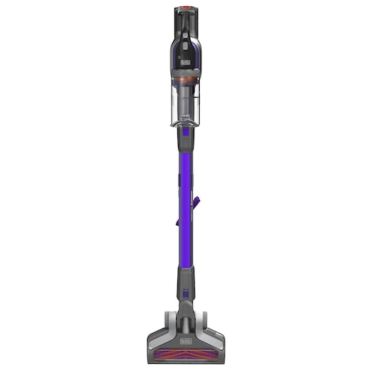 A BLACK+DECKER upright cordless vacuum cleaner with a purple body and a transparent dustbin, photographed against a white background.