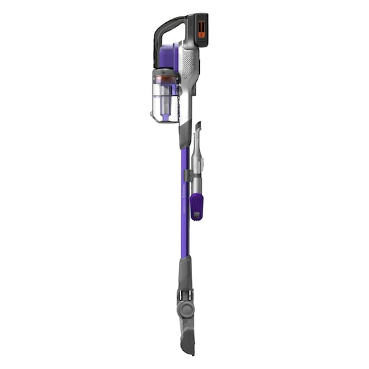 A BLACK+DECKER BHFEV362DP cordless stick vacuum cleaner with a purple and gray design, featuring a transparent dust container and attached cleaning accessories, shown upright on a white background.