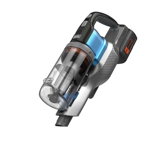 A close-up image of a BLACK+DECKER cordless handheld vacuum cleaner with a transparent dust container and a visible battery pack.