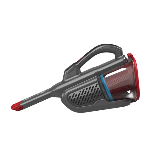 BLACK+DECKER handheld vacuum BHHV315J, side view, grey body with red and blue accents, white background.