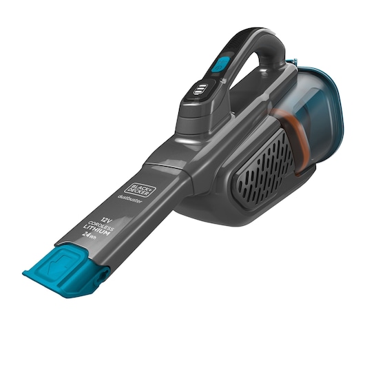 A BLACK+DECKER handheld cordless vacuum cleaner with a grey body and blue accents, featuring a slim nozzle and ergonomic handle.