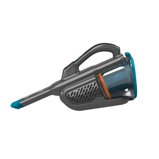 A BLACK+DECKER handheld vacuum cleaner in grey with blue and orange accents, featuring a transparent dust container and elongated nozzle.