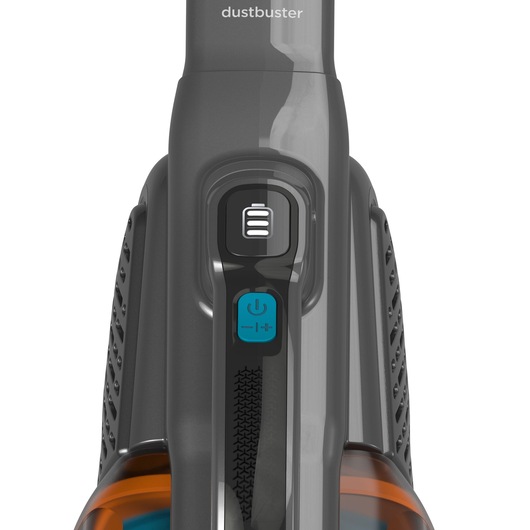 Close-up view of the control buttons on a BLACK+DECKER dustbuster handheld vacuum cleaner. The buttons include a power button and a suction mode selector.