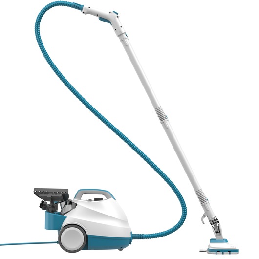 A white and blue steam cleaner with a long hose and cleaning head, suitable for floor and surface cleaning.