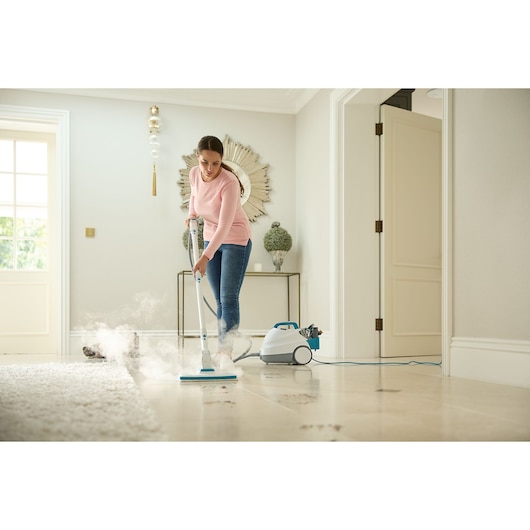 BLACKDECKER BHSMP2314 steam mop cleaning tile floor, home interior, photography of product in use.