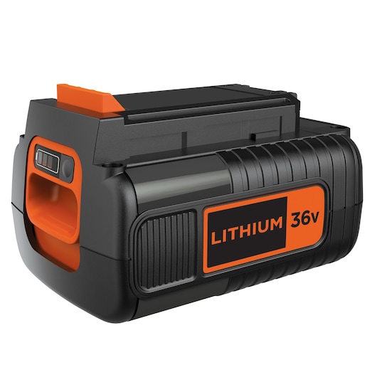 BLACKDECKER BL20362 lithium 36v battery, black and orange, side angle on white background.