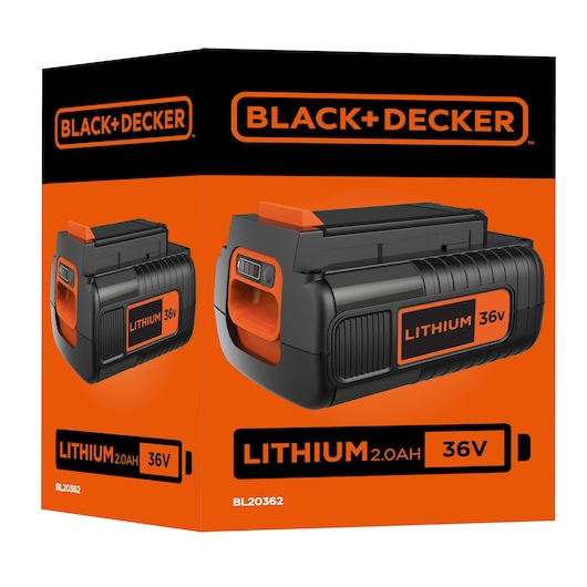 Photo of BLACK+DECKER BL20362 lithium 36V battery in retail packaging, orange and black design.