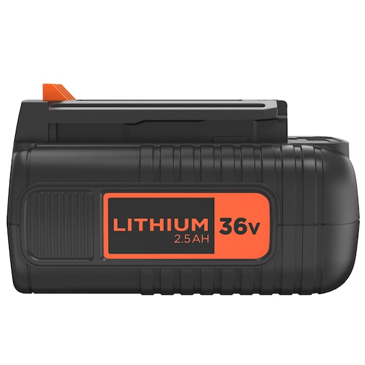 BLACKDECKER BL2536 lithium 36V 2.5AH battery, black and orange, side angle photo.