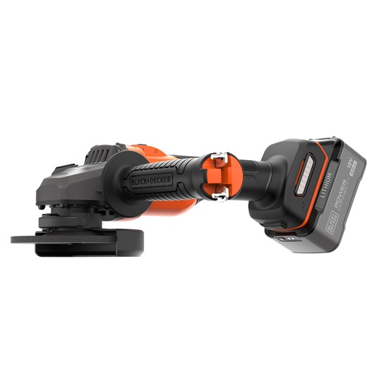 A BLACK+DECKER cordless angle grinder with a black and orange handle, featuring a lithium battery pack attached at the end.
