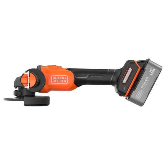 A BLACK+DECKER cordless angle grinder with an orange and black design, featuring an 18V POWERCONNECT battery and a brushless motor.