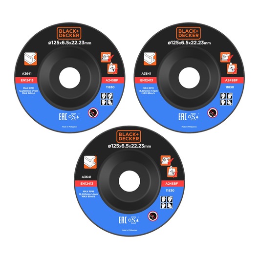 Three BLACK+DECKER grinding discs with blue and black labels, diameter 125mm, shown for photography.