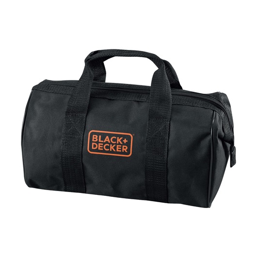 Black+Decker black tool bag with handles and zipper, logo in orange on the front, photographed on a white background.